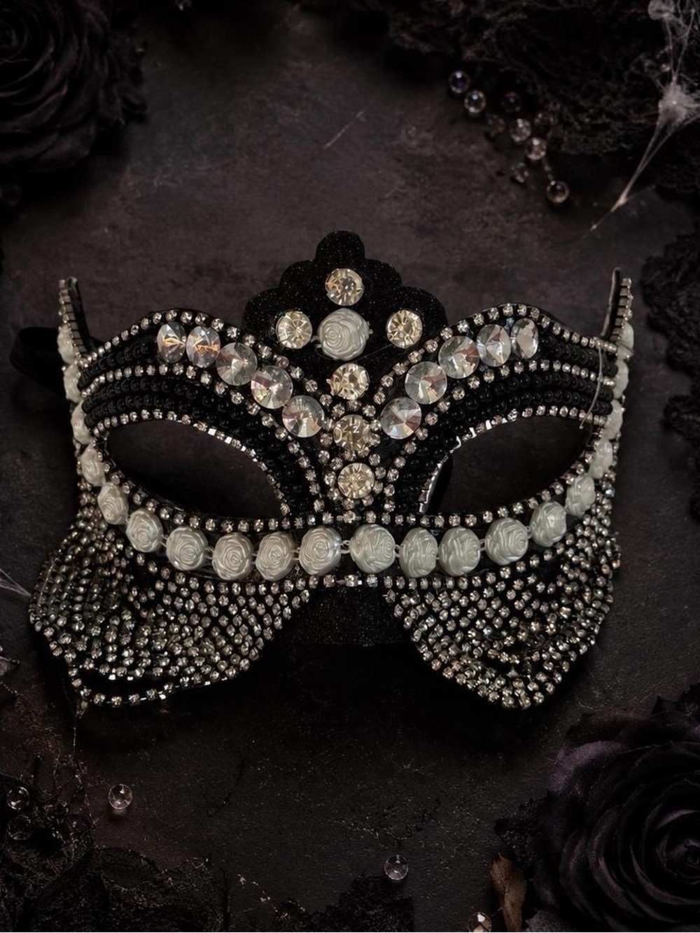 Black Rhinestone & White Rose Masquerade Mask Statement Costume Accessory